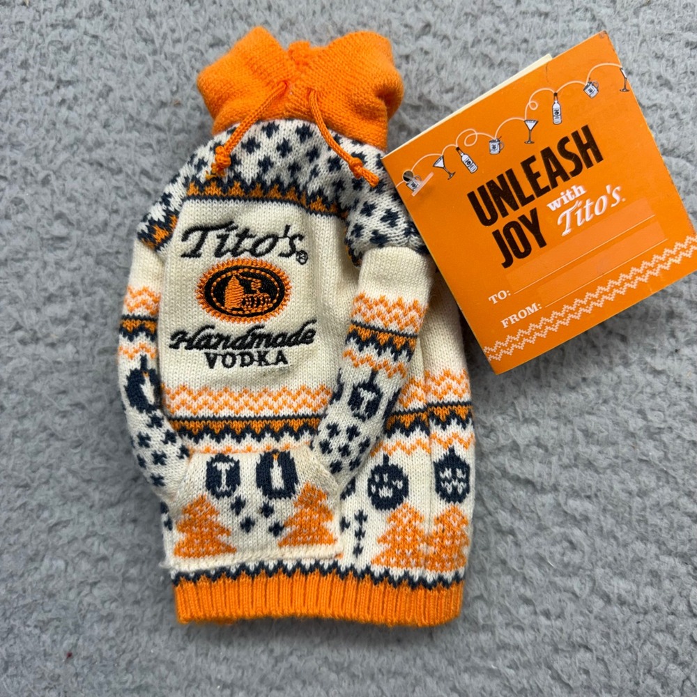 Tito's Handmade Vodka OS Cream Orange Bottle Sweater Hoodie Holiday Gift Tag